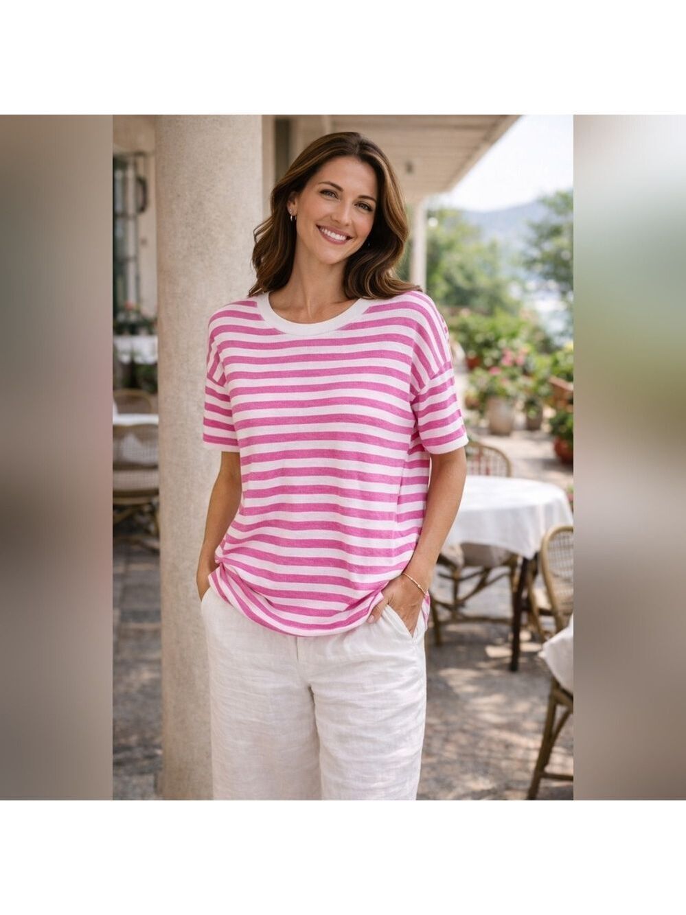 Brax Linen Candice Striped Tee Pink & White Women’s Medium | Lightweight Summer